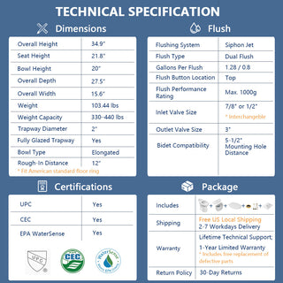 ELEMAZ 21" Extra Tall Toilet | ADA Height Toilet Dual Flush