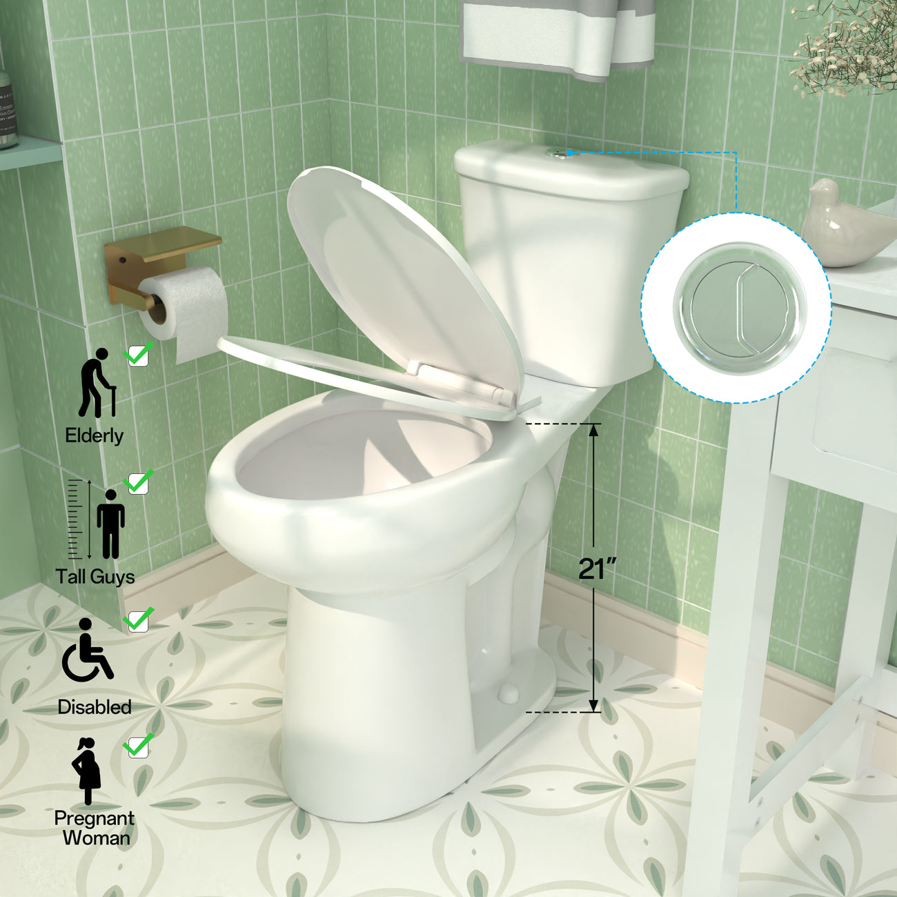 ELEMAZ 21" Extra Tall Toilet | ADA Height Toilet Dual Flush