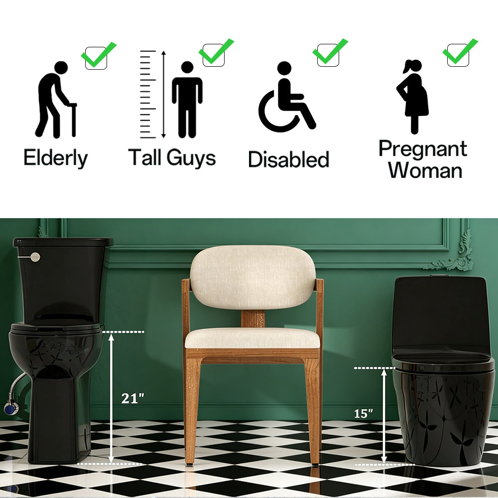 21-inch high black toilet vs 15-inch standard toilet, designed for seniors, tall users, pregnant users, and people with limited mobility