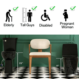 21-inch high black toilet vs 15-inch standard toilet, designed for seniors, tall users, pregnant users, and people with limited mobility