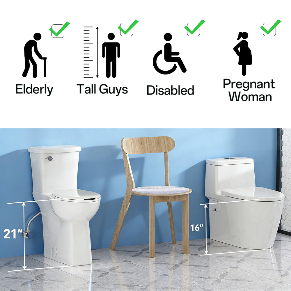 21-inch high toilet compared with a 16-inch standard height toilet, highlighting accessibility for seniors, tall users, pregnant users, and people with limited mobility on a blue wall background