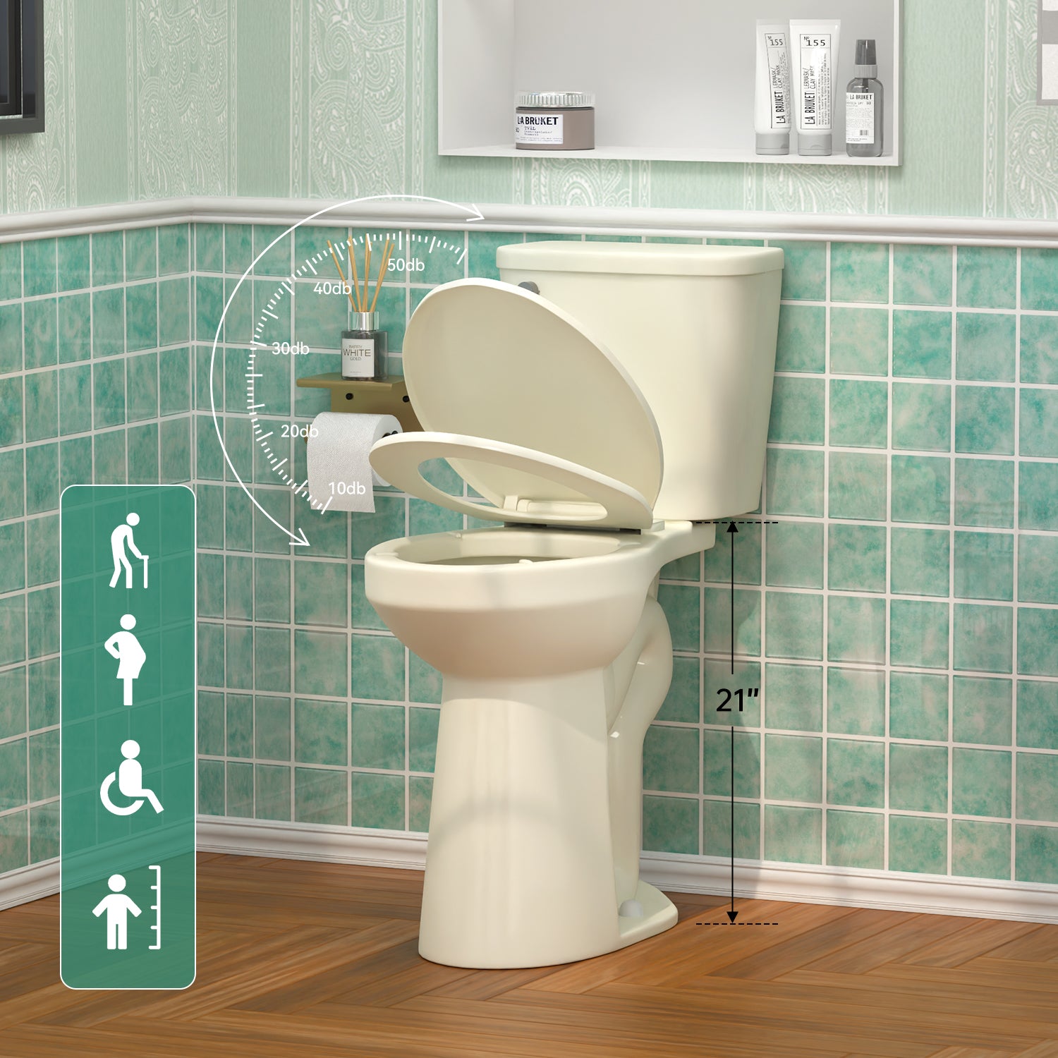 ELEMAZ 21" Extra Tall Toilet | ADA Height Toilet | Elongated Bone Toilet