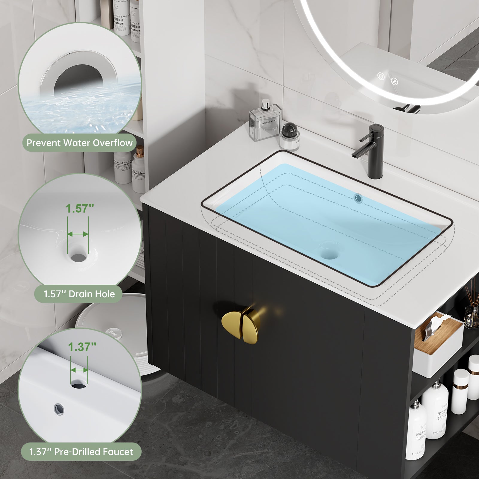 Sigsoul 30 Inch Floating Bathroom Vanity | Black