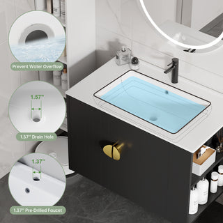 Sigsoul 30 Inch Floating Bathroom Vanity | Black Right-Side Open Shelving