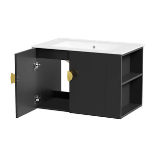 Sigsoul 30 Inch Floating Bathroom Vanity | Black Right-Side Open Shelving