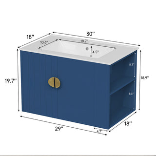 Sigsoul 30 Inch Floating Bathroom Vanity | Blue Right-Side Open Shelving