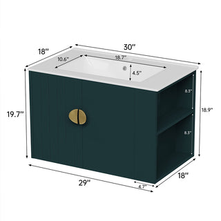 Sigsoul 30 Inch Floating Bathroom Vanity | Green Right-Side Open Shelving