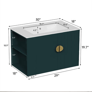 Sigsoul 30 Inch Floating Bathroom Vanity | Green Left-Side Open Shelving