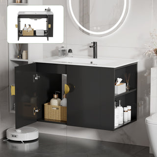 Sigsoul 30 Inch Floating Bathroom Vanity | Black Right-Side Open Shelving