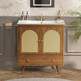 Sigsoul 30 Inch Rattan Bathroom Vanity | Walnut