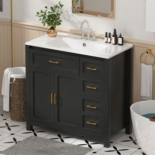 Sigsoul 36 Inch Bathroom Vanity | Black Freestanding Cabinet with Ceramic Sink