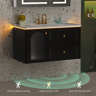 Sigsoul 36 Inch Floating Vanity Black | LED Light & 1 Door 2 Drawers 2 Open Side Shelves