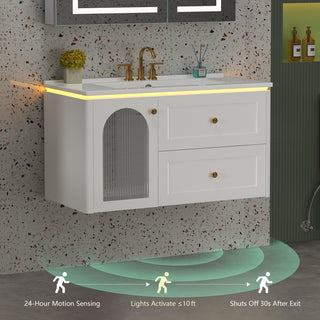 Sigsoul 36 Inch Floating Vanity White | LED Light & 1 Door 2 Drawers 2 Open Side Shelves