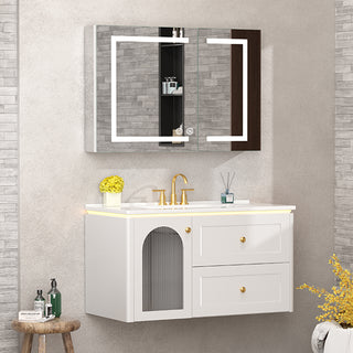 Sigsoul 36 Inch Floating Vanity White | LED Light & 1 Door 2 Drawers 2 Open Side Shelves