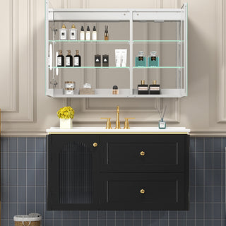 Sigsoul 36 Inch Floating Vanity Black | LED Light & 1 Door 2 Drawers 2 Open Side Shelves