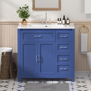 blue bathroom vanity with ample storage