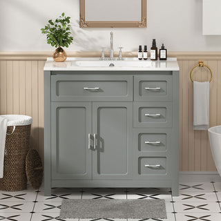 grey bathroom vanity with ample storage