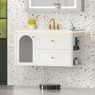 Sigsoul 36 Inch Floating Vanity White | LED Light & 1 Door 2 Drawers 2 Open Side Shelves