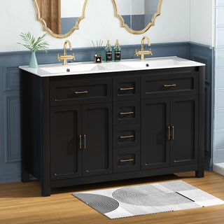 Sigsoul 48 Inch Double Sink Vanity Black | 2 Tip-out Trays 2 Drawers 4 Doors