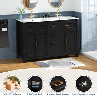 Sigsoul 48 Inch Double Sink Vanity Black | 2 Tip-out Trays 2 Drawers 4 Doors