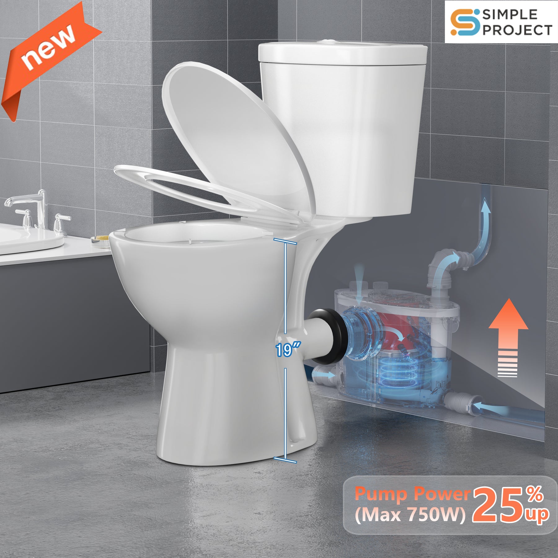 SNFLEX 19" Tall Macerating Toilet | 750W Upflush Toilet