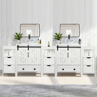 Sigsyl 84 inch Double Vessel Sink Vanity | with 3 Side Storage Cabinets & Faucet Kits