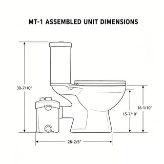 Diagram of simple project upflush toilet with labeled dimensions on a white background