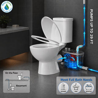 Macerating toilet with water pump system on a dark tiled bathroom floor, featuring WaterSense logo.