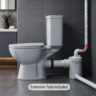 Upflush toilet with plumbing system in a bathroom setting, showing an extension tube.