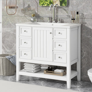 Sigsoul 36 Inch Bathroom Vanity White | 3 Drawers 1 Door 1 Shelf