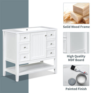 Sigsoul 36 Inch Bathroom Vanity White | 3 Drawers 1 Door 1 Shelf