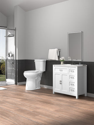 a toilet, bathroom vanity, and frameless shower door in a bathroom