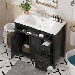 black bathroom vanity with ample storage