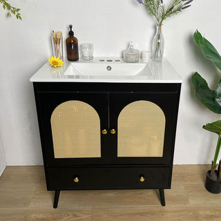 Sigsoul 30 Inch Rattan Bathroom Vanity | Black