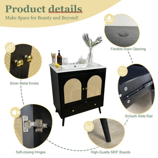 Sigsoul 30 Inch Rattan Bathroom Vanity | Black