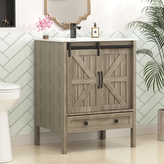 Sigsoul 24 Inch Farmhouse Bathroom Vanity Wood | Barn Door Single Hole Sink