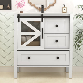 Sigsoul 30 Inch Farmhouse Bath Vanity White | Barn Door Single Hole Sink