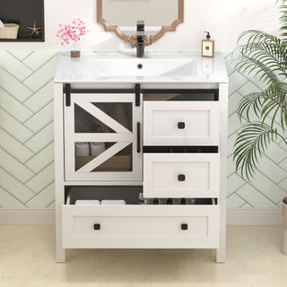 Sigsoul 30 Inch Farmhouse Bath Vanity White | Barn Door Single Hole Sink
