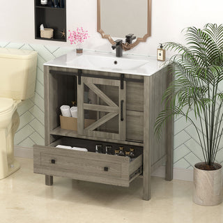 Sigsoul 30 Inch Farmhouse Bath Vanity Wood | Barn Door Single Hole Sink