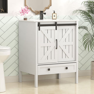 Sigsoul 24 Inch Farmhouse Bathroom Vanity White | Barn Door Single Hole Sink