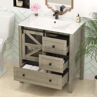 Sigsoul 30 Inch Farmhouse Bath Vanity Wood | Barn Door Single Hole Sink
