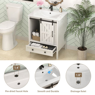 Sigsoul 24 Inch Farmhouse Bathroom Vanity White | Barn Door Single Hole Sink