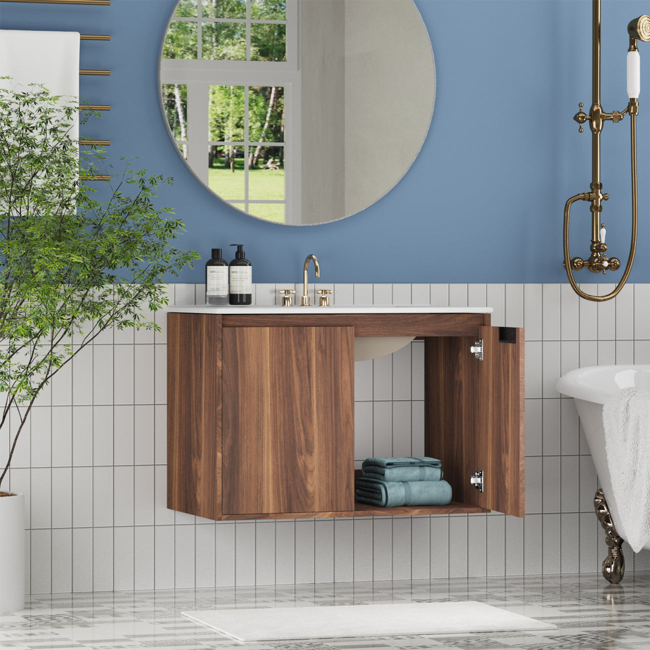 Sigsoul 30 inch Floating Wood Bathroom Vanity with Curved Corner Sink