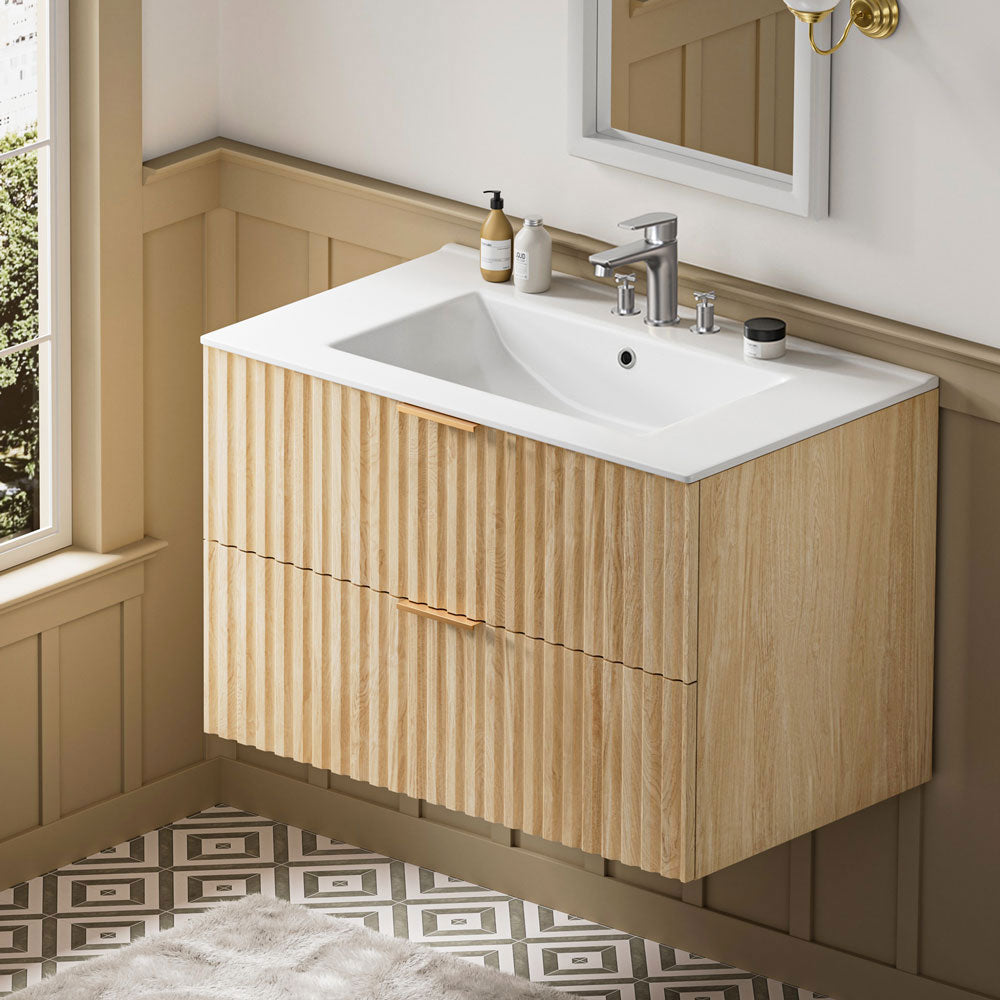 Sigsoul 30 Inch Floating Vanity | Oak Modern Line Bathroom Cabinet