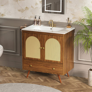 Sigsoul 30 Inch Rattan Bathroom Vanity | Walnut