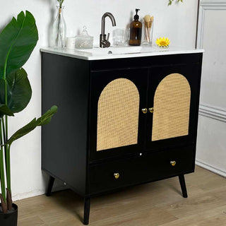 Sigsoul 30 Inch Rattan Bathroom Vanity | Black