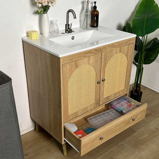 Sigsoul 30 Inch Rattan Bathroom Vanity | Oak
