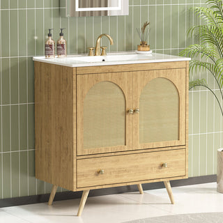 Sigsoul 30 Inch Rattan Bathroom Vanity | Oak