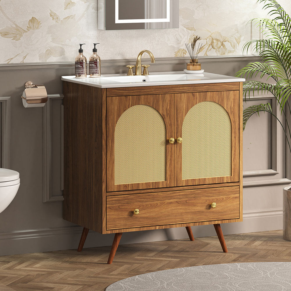 Sigsoul 30 Inch Rattan Bathroom Vanity | Walnut