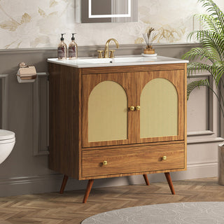 Sigsoul 30 Inch Rattan Bathroom Vanity | Walnut